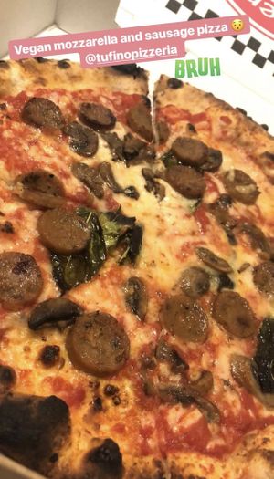 Vegan mozzarella and sausage at Tufino Pizzeria in Astoria