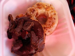 Delicious vegan Donuts. Chocolate thin mint - OMG! Caramel with coconut bacon - yes! at Verdine - Food Truck in Houston