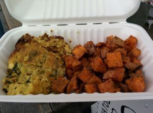 Market Frittata: Creamy delicious tofu frittata, with roasted local sweet potatoes at Verdine - Food Truck in Houston