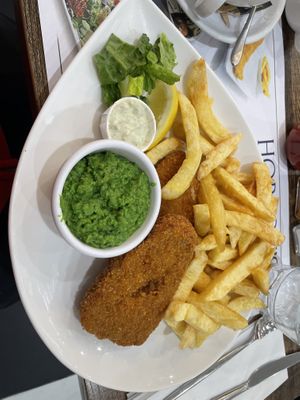 Vegan fish and chips with mushy peas  at Hobson's Fish & Chips - Charing Cross in London