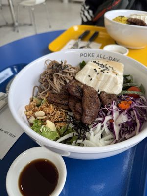 Vegan bowl with soba noodles, fake meat and additional silky tofu  at Poke All Day - Suwon Haenggung in Suwon