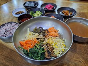 Vegan bibimbap (ask to omit egg & kimchi) at Sondubuchon in Jeju