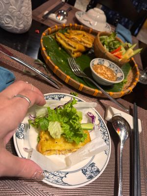 Vegan mushroom Pancake — fill the rice paper with the veggies and dip in the peanut sauce!  at Faifoo Central Restaurant in Hoi An