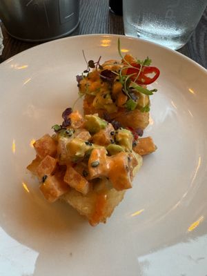Tuna tartare on a crispy rice square   at Kimusabi in Newtown