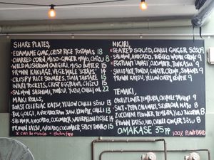 The menu, items in blue make up the Omakase set, at Kimusabi in Newtown