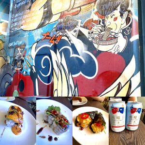 Items from the set menu (omakase) , Japanese beer beer and funky mural inside venue  at Kimusabi in Newtown