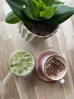 iced matcha with oatmilk & hot chocolate with oatmilk   at Brew in Folkestone