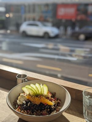 Granola and a window at Neo Cafe & Eatery in Wellington