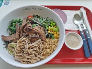 vegan poke bowl with saba noodles and korean bbq at Poke All Day - Munjeong in Seoul