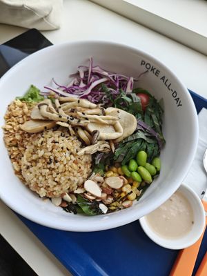 vegan poke bowl with mushrooms and brown rice at Poke All Day - Munjeong in Seoul