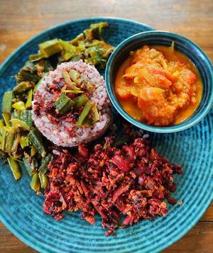 Beet root and been thoran, rice at Soul Bistro in Varkala