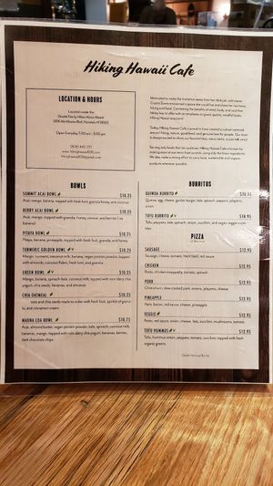 Menu at Hiking Hawaii Cafe in Honolulu