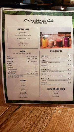 Menu at Hiking Hawaii Cafe in Honolulu