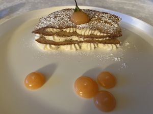 Almond mille-feuille with grapefruit reduction 💕   at Restaurant Haselburg in Bolzano