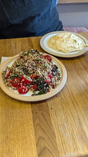 Quinoa tomato salad and humus (only vegan options when we went, but got some toasted sourdough bread to bulk it up) at Five Acres in St Andrews