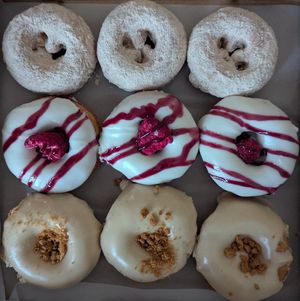 Cinnamon Sugar (top), Vanilla Raspberry (middle), and Cookie Butter/Biscoff (bottom) at Rose's Little Donuts in West Chester