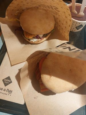 Burgers with Tiramisu in the back at Swing Kitchen in Leipzig