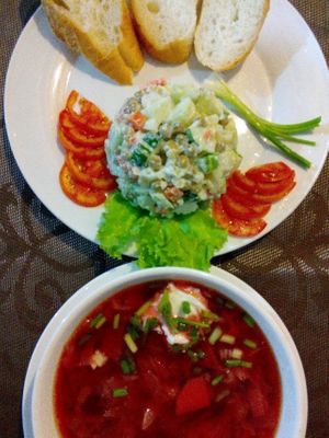 Every day in the Bamboo bar hot meals from 11 am to 5 pm. At friday- Borsch-beetroot soup with potatoes and cabbage. Olivier- Russian salad- boiled potatoes, carrots, cucumber, onion, green peas and dressing. For drink-iced green tea. 5.5$. Welcome! at Bamboo Bar & Vegetarian Restaurant in Sihanoukville