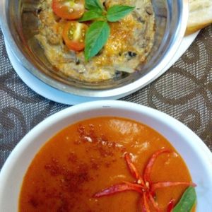 Every day in the Bamboo bar hot meals from 11 am to 5 pm. At saturday-spicy tomato soup. Julien-baked mushrooms with creamy sauce and cheese. For drink-iced green tea.  at Bamboo Bar & Vegetarian Restaurant in Sihanoukville