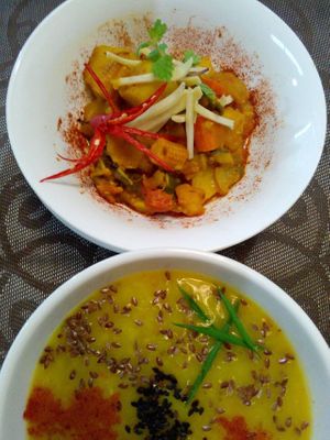 Every day in the Bamboo bar hot meals from 11 am to 5 pm. At whensday-Indian yellow lentis soup with ginger, flax seeds, chia seeds and sesame seeds. Its superfood! Vegetable ragout with chilli and ginger. For drink-iced green tea. 5.5$. Welcome! at Bamboo Bar & Vegetarian Restaurant in Sihanoukville