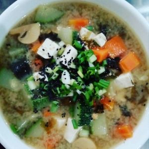 Vegan miso soup with mushrooms, fresh veggies, seaweed and tofu at Bamboo Bar & Vegetarian Restaurant in Sihanoukville