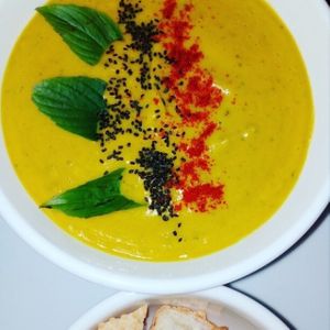 Pumpkin cream soup with coconut milk and chia seeds at Bamboo Bar & Vegetarian Restaurant in Sihanoukville