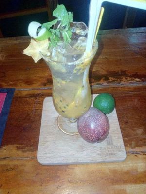Pure passion in Bamboo Bar. Passion fruit, fresh lime juice, passion fruit syrup and soda. Very refreshing! at Bamboo Bar & Vegetarian Restaurant in Sihanoukville