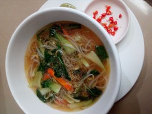 Asian noodle soup with veggies and chilli at Bamboo Bar & Vegetarian Restaurant in Sihanoukville