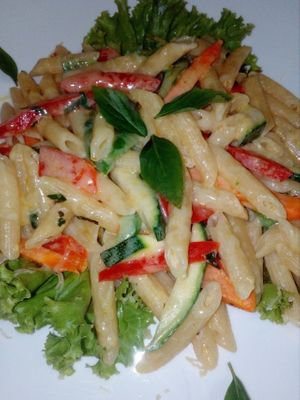 Penne with fried veggies and cheese at Bamboo Bar & Vegetarian Restaurant in Sihanoukville