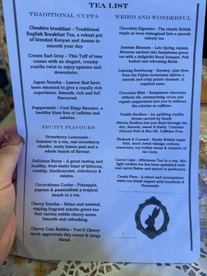 The tea list (as of May 2024). All I believe are Bird and Blend.  at The Rabbit Hole in Stoke-on-trent