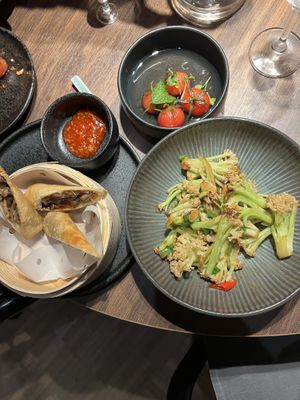 Tomatoes, spring rolls, cauliflower   at Restaurant Fei  in Gothenburg