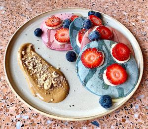 Rainbow pancakes  at Eco Mind Cafe in Dubai