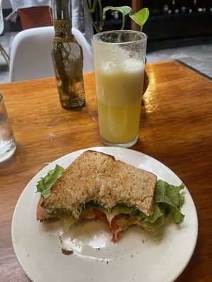 Vegan ham sandwich and tropical juice  at Sumeru in Mexico City