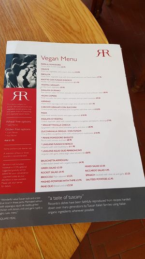 Vegan menu at Riccardo's Italian Restaurant in South West London