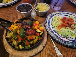 Veggie Fajitas, black beans, cilantro lime rice at Mama Betty's Tex-Mex y Cantina in Austin