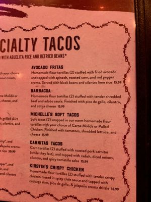 Taco menu  at Mama Betty's Tex-Mex y Cantina in Austin
