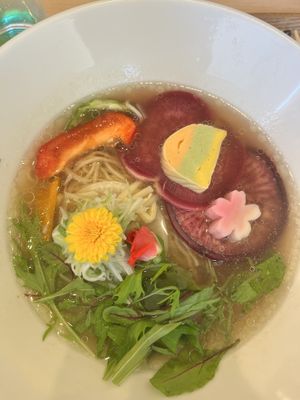 Ramen with edible flowers - delightful and delicious   at RAMEN Arashiyama Bamboo Grove Pavilion 嵐山竹林亭 in Kyoto