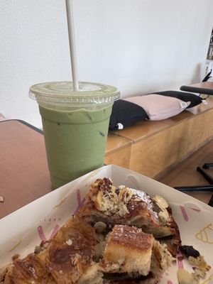 Matcha latte with soy milk (sorry - cut up my croissant in anticipation while waiting for the latte!)  at Croix Croissant in Brisbane