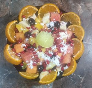 A different take on fresh fruit salad - all washed in mineral water at Banana Leaf Restaurant Kovalam in Kovalam