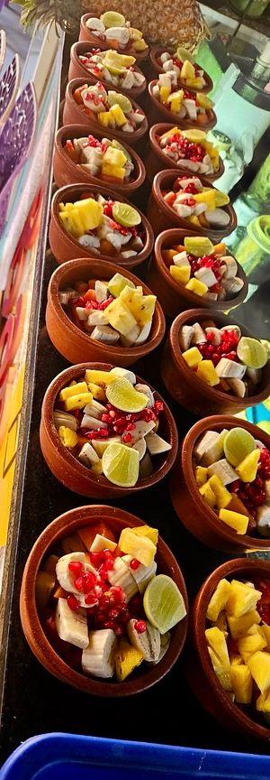 Fresh fruit salads just made for a group salad.  Everything is washed properly in mineral water at Banana Leaf Restaurant Kovalam in Kovalam