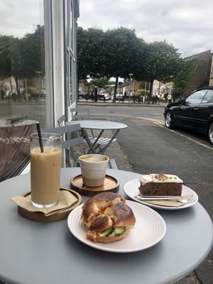 Iced latte, vegan bagel and carrot cakee  at Simba Bru Coffee Roasters in Watford
