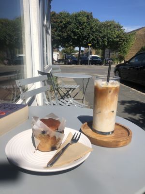 Blueberry muffin, decaf iced latte  at Simba Bru Coffee Roasters in Watford