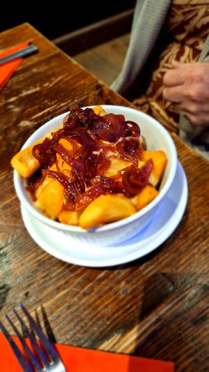 Chips with caramelised onions at The Lady Luck in Canterbury