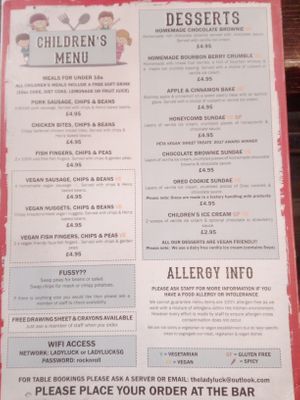 Dessert menu. There are three more pages full of vegan option (burguers, fish and chips, etc) at The Lady Luck in Canterbury