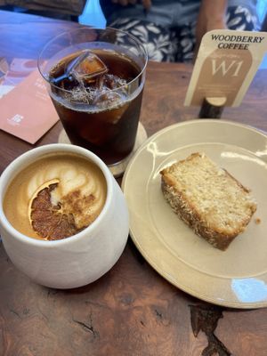 Valencia latte with oat milk and coconut lime cake  at Woodberry Coffee - 鎌倉店 in Kamakura