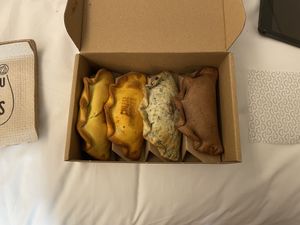 The 4 vegan options - pumpkin, "cheeseburger", vegan tuna, and “chocobanana"  at Las Muns in Porto