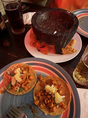 Vegan soja tacos with frijolas  at La Condesa  in Barcelona