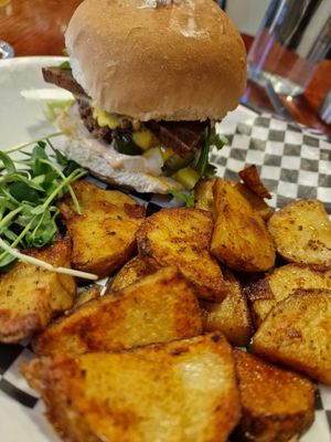 Burger with potatoes at Wild Leek in Halifax