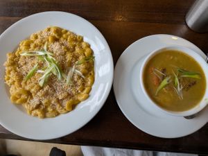 Mac-n-cheese and Split pea soup at Wild Leek in Halifax