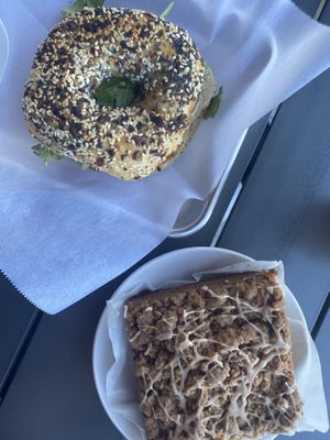 Everything bagel veggie breakfast sandwich and cinnamon coffee cake  at South Fork Baking Company in Everett